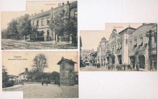 Ungvár, Uzshorod, Uzhorod; - 3 db régi képeslap kivágásokkal, Kórház, Korona szálloda, Savanyúvízi fürdő / 3 pre-1945 postcards with cuting outs: hospital, hotel and spa