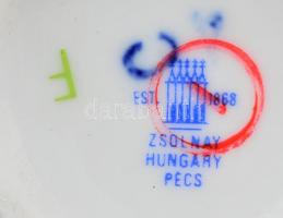 Zsolnay Pompadour mokkás készlet, 6 db csésze+alj, kézzel festett, jelzett, apró kopásokkal, d: 7,5 ...