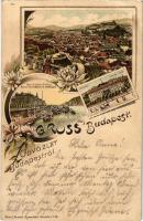 1896 (Vorläufer!!!) Budapest, látkép, Ferenc József rakpart a Gellérthegyről, Császár fürdő. Kunstanstalt Rosenblatt 1878. Art Nouveau, floral, litho (EK)