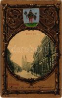 1901 Miskolc, Szemere utca. Kiadja Kardos József. Címeres litho keret / Art Nouveau litho frame with coat of arms (kopott sarkak / worn corners)