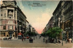 Budapest VI. Andrássy út, omnibusz Kalodont reklámmal, takarékpénztár, cipőüzlet, Schimmelpfeng W. tudakozója