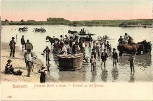 Budapest, Ingyenes fürdő a Dunán, fürdőzők, lovak. Kiadja Taussig Arthur 5461. / Freibad an der Donau