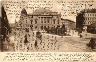 1905 Budapest VIII. Kerepesi út (Rákóczi út), Népszínház, villamos, hirdetőoszlop