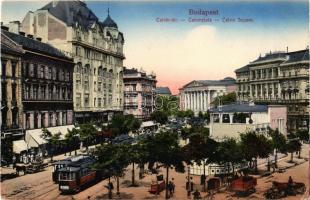 Budapest VIII. Kálvin (Calvin) tér, 35-ös, 57-es és 7-es villamosok, Takarékpénztár, az egykori Báthory Kávéház a Kecskeméti utca és Múzeum körút sarkán, Neuman László üzlete, Gyógyszertár