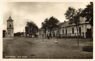 1935 Győrszentiván, utcai részlet, templom, Turul hősök szobor. Juhász József kiadása