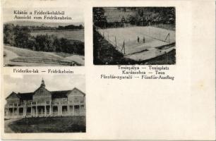 1915 Teus, Teius (Karánsebes, Caransebes); Fridrikeheim, Tenisplatz, Füszfás-Ausflug / Kilátás a Friderike lakból, Teniszpálya, Füszfás nyaraló, az üdülő reklámja a hátoldalon / villa, tennis court, sport, advertisement (r)