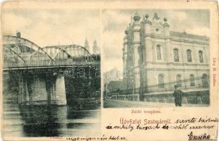 1907 Szatmárnémeti, Szatmár, Satu Mare; Vashíd, Zsidó (izraelita) templom, zsinagóga. Kiadja Lövy M. / bridge, synagogue, Judaica (kopott sarkak / worn corners)