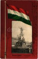 1902 Arad, Szabadság szobor, üzletek. Magyar zászlós litho keret / statue, shops. Hungarian flag litho frame (EK)