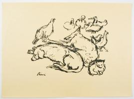 Rippl-Rónai József (1861-1927): Baromfiak alvó kutyákkal. Cinkográfia, papír, jelzett a cinkográfián, 17×22 cm