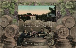 1911 Palics, Palic (Szabadka, Subotica); Montázs boros hordókkal, szőlőkkel, italozó urakkal. Kiadja Vig Zsigmond Sándor / Montage postcard with grapes, barrels, men drinking wine