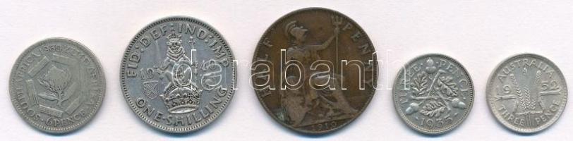 5db-os érme tétel a Brit Nemzetközösség országaiból, ebből 4db ezüst, közte Dél-Afrika 1930. 6p Ag; Nagy-Britannnia 1940. 1Sh Ag T:2,2- 5pcs of coins from British Commonwealth countries, 4pcs silver, including South Africa 1930. 6 Pence Ag; Great Britain 1940. 1 Shilling Ag C:XF,VF