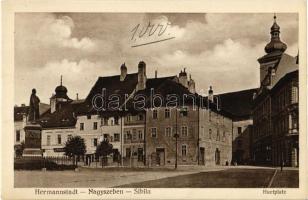 Nagyszeben, Hermannstadt, Sibiu; tér, Teutsch püspök szobra, Három Tölgy sörcsarnok, üzlet / Huetplatz, Drei Eichen Bräuhaus / square, statue, beer and wine hall, shop