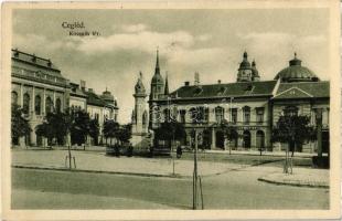 1928 Cegléd, Kossuth tér, Róna Jakab üzlete, Szentháromság szobor, Városháza