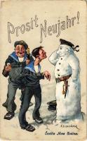 1914 Prosit Neujahr! / Cestita Nova Godina / K.u.K. Kriegsmarine mariner art postcard, humor, New Year greetings with snowman. C. Fano 1914-15. s: Ed Dworak + SMS ADRIA MARINE-FELDPOSTAMT (EK)