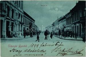 1899 Győr, Baross út, Beck Jakab üzlete, este teliholddal (EK)