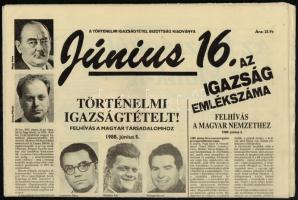 1989 Nagy Imre és társai újratemetésével foglalkozó újságok, 3 db, Az Igazság emlékszáma. 1989. június 16. (Történelmi Igazságtétel Bizottság kiadványa), Népszabadság 1989. június 17, XLVII. évf. 141 sz., Népszabadság Hétvége 1989. június 17. Számos fotóval, érdekes írással, jó állapotban.