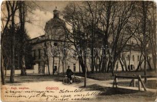 1906 Gödöllő, Katolikus templom, kerékpáros. Graf Éliás kiadása (szakadások / tears)
