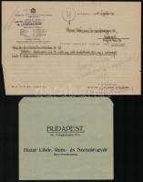 1911-1946 Hazai Likőr-, Rum és Szeszárugyár Rt. különféle iratai, és borítékja, közte a Magyar Nemze...