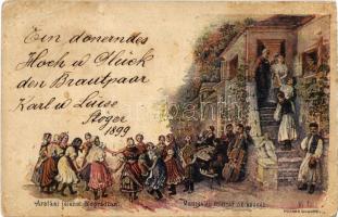 1899 Aratási jelenet Nógrádban, Ezredéves Országos Kiállítás / harvest, Hungarian folklore art postcard. Brown 2 Kr. Ga. s: K.L. (EK)