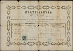 1866-1885 Vác, Vegyes okmány tétel (keresztlevél, anyakönyvi kivonat), okmánybélyegekkel, 6 db