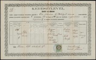 1866-1885 Vác, Vegyes okmány tétel (keresztlevél, anyakönyvi kivonat), okmánybélyegekkel, 6 db