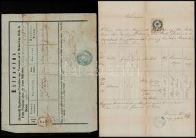 1866-1885 Vác, Vegyes okmány tétel (keresztlevél, anyakönyvi kivonat), okmánybélyegekkel, 6 db