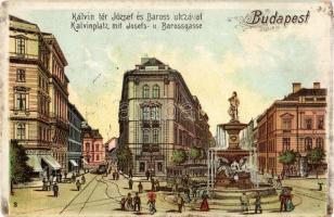 1907 Budapest VIII. Kálvin tér, József és Baross utca, szökőkút, gyógyszertár, villamosok. litho (EK)