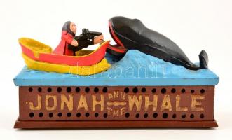 Antik festett vas perselyjáték, Jónás és a cet (Jonah and the whale), javításra szorul, 24×8×14 cm