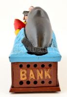 Antik festett vas perselyjáték, Jónás és a cet (Jonah and the whale), javításra szorul, 24×8×14 cm