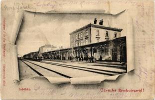 1901 Érsekújvár, Nové Zámky; vasútállomás, indóház, gőzmozdony. Conlegner J. és fia kiadása / Bahnhof / Stanica / railway station, locomotive. Art Nouveau  (fl)