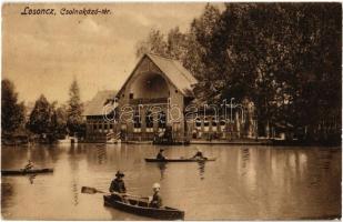 1911 Losonc, Lucenec; Csolnakázó tér / lake, boating people, kiosk