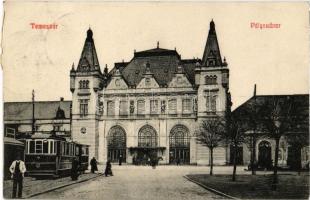 1912 Temesvár, Timisoara; vasútállomás, villamos / railway station, tram