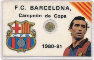 Spanyolország 1980. 100P aranyozott minipénz F.C. Barcelona tokban T:1 Spain 1980. 100 Pesetas gold plated mini coin in F.C. Barcelona plastic case C:UNC