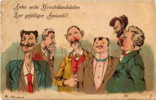 1892 (Vorläufer!) Anbei sechs Heiratskandidaten zur gefälligen Auswahl! / Six marriage candidates. humour, litho (Rb)