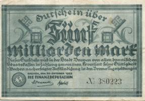 Német Birodalom/Weimari Köztársaság/Bréma/Finanzdeputation 1923. 5000000M T:II-