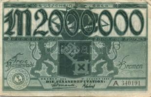 Német Birodalom/Weimari Köztársaság/Bréma/Finanzdeputation 1923. 2000000M(2x) 2klf típusban T:III