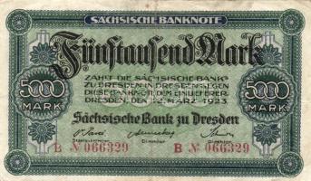 Német Birodalom/Weimari Köztársaság/Szászország/Sachische Bank zu Drezden 1923. 5000M 3klf típusban T:II/III+