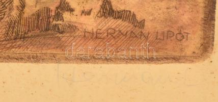 Hermann Lipót (1884-1972): Fürdőző nők ligetes tóparton. Színezett rézkarc, papír, jelzett, üvegezet...