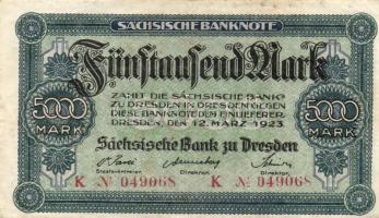 Német Birodalom/Weimari Köztársaság/Szászország/Sachische Bank zu Drezden 1923. 5000M 3klf típusban ...