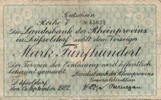 Német Birodalom/Weimari Köztársaság/Poroszország/Rheinprovinz/Landesbank 1923. 500M T:II/III+
