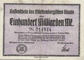 Német Birodalom/Weimari Köztársaság/Württemberg/Staatskassenschein 1923. 100.000.000.000M T:II/III+ R!
