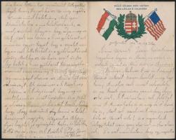 1909 Dekoratív magyar címeres, magyar-amerikai zászlós litografált fejlécű kivándorlási levélpapír Amerikából visszaküldött levélként, 4p