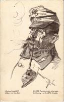 Egy az öregekből. Lázár Oszkár eredeti rajza után / Einer von den alten / WWI Austro-Hungarian K.u.K. military, old soldier with pipe. s: Lázár Oszkár (EK)