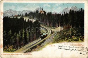 1901 Tátra, Magas Tátra, Vysoké Tatry; A fogaskerekű vasút tájrészlete a Csorbai tóhoz. Feitzinger Ede 4. bt. / Partie der Zahnradbahn zum Csorbaer-See / Strbské pleso / cogwheel railway to the lake (EK)