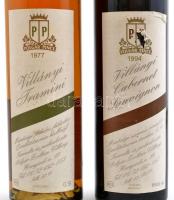 1994 Polgár Pince 1977 Villányi Tramini 0,5 l, Villányi Cabernet Sauvignon 1994, 0,5 l. Fa díszdoboz...