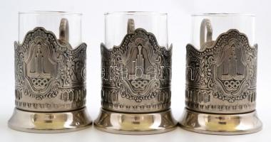 3 db szamovár pohár üveg betéttel (moszkvai olimpia 1980), m: 12 cm