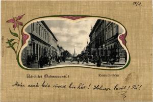 1905 Debrecen, Kossuth utca, üzletek. Komáromi J. kiadása, Art Nouveau, litho