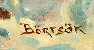 Börtsök jelzéssel: Havas erdőszél házikóval. Olaj, vászon, keretben, 43×70 cm