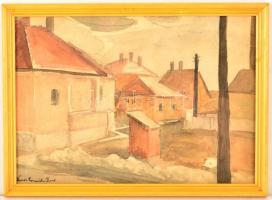 Nemes jelzéssel: Házak. Akvarell, papír, üvegezett keretben, 20×28 cm