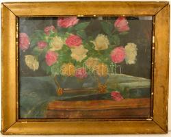 Csók jelzéssel: Virágcsendélet. Akvarell, papír, szakadással, gyűrött, üvegezett keretben, 36×44 cm